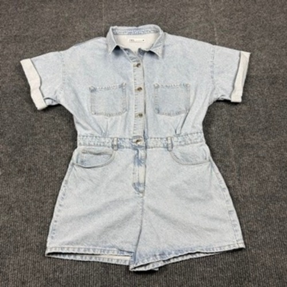 Zara Womens Size XXL Light Wash Denim Romper Short Sleeve Button Front 7147 035